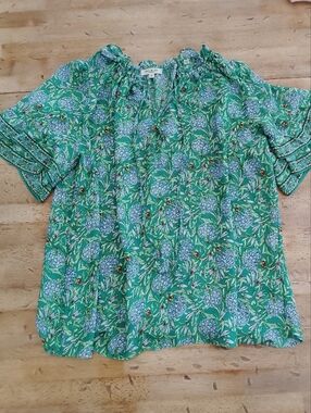 Max Studio Green Floral Puff-Sleeve Blouse Boho Peasant Top 1X